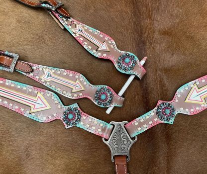 Showman Turquoise and pink inlay painted arrow design one ear headstall and breast collar set #4